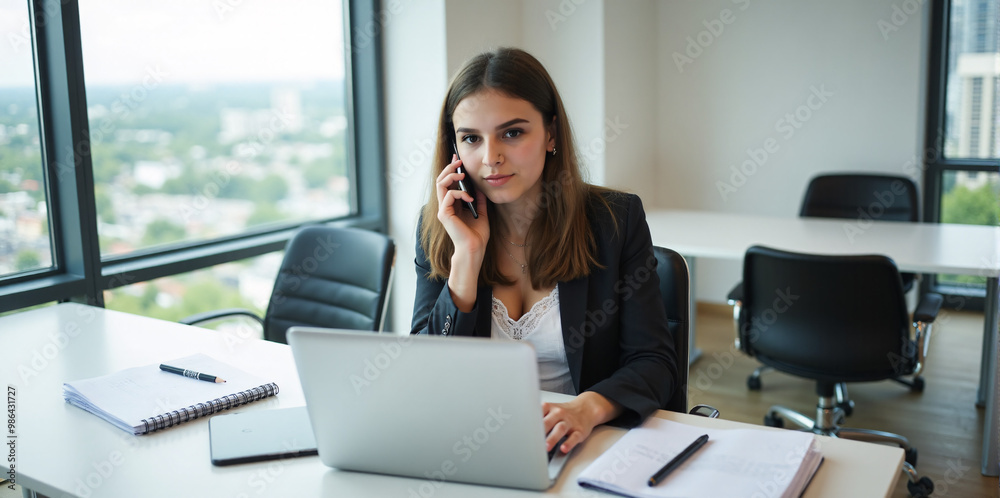 A confident businesswoman is discussing a new strategy over the phone in a bright and productive office. A confident businesswoman is discussing a new strategy over the phone in a bright and productive office.