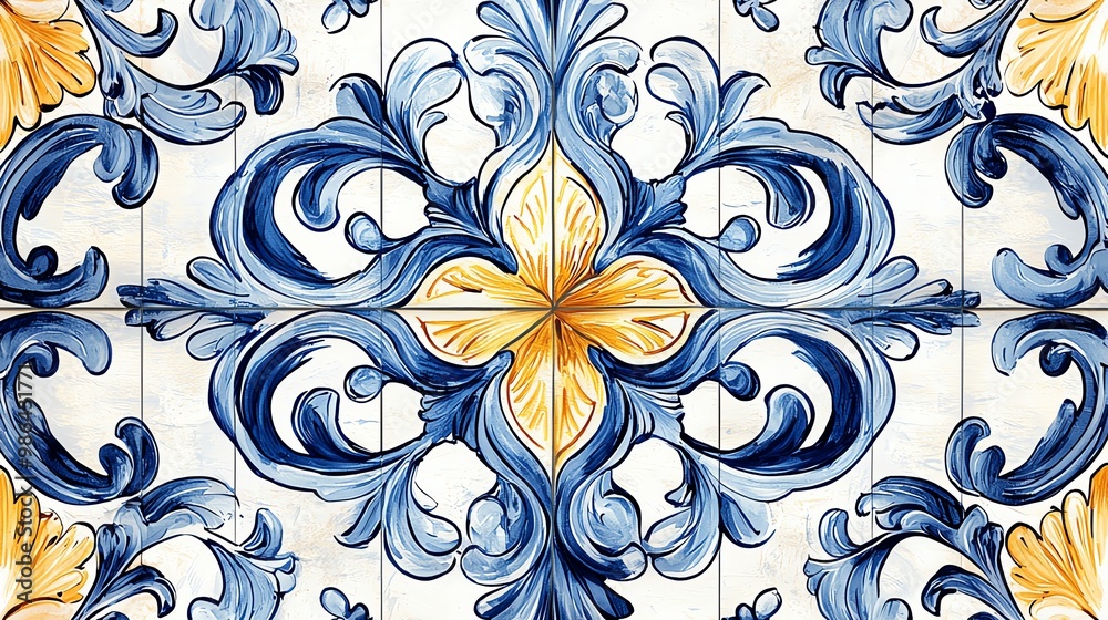 Elegant tile pattern featuring intricate blue and yellow floral designs, perfect for home decor and artistic projects. Elegant tile pattern featuring intricate blue and yellow floral designs, perfect for home decor and artistic projects.