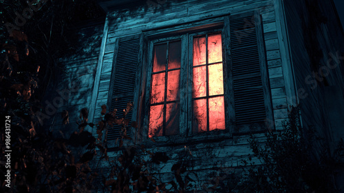 Haunted house with eerie lights glowing through broken shutters