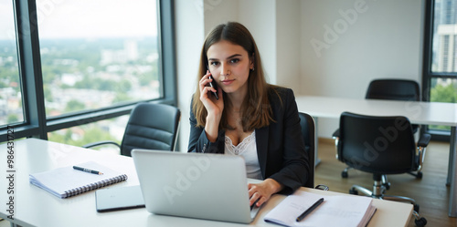 A confident businesswoman is discussing a new strategy over the phone in a bright and productive office. 