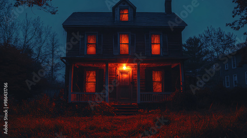 Haunted house with eerie lights glowing through broken shutters photo