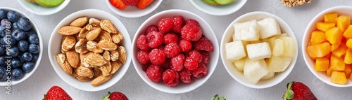 Assorted Fruits Nuts and Seeds in White Bowls