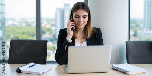 A confident businesswoman is discussing a new strategy over the phone in a bright and productive office. 