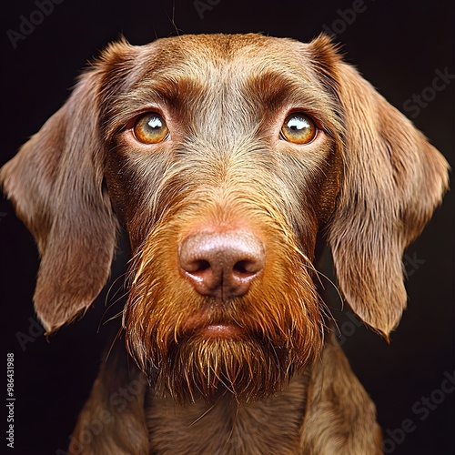 A close-up portrait of a Wirehaired Vizsla with its distinct wiry coat, showcasing its expressive eyes and alert ears against a