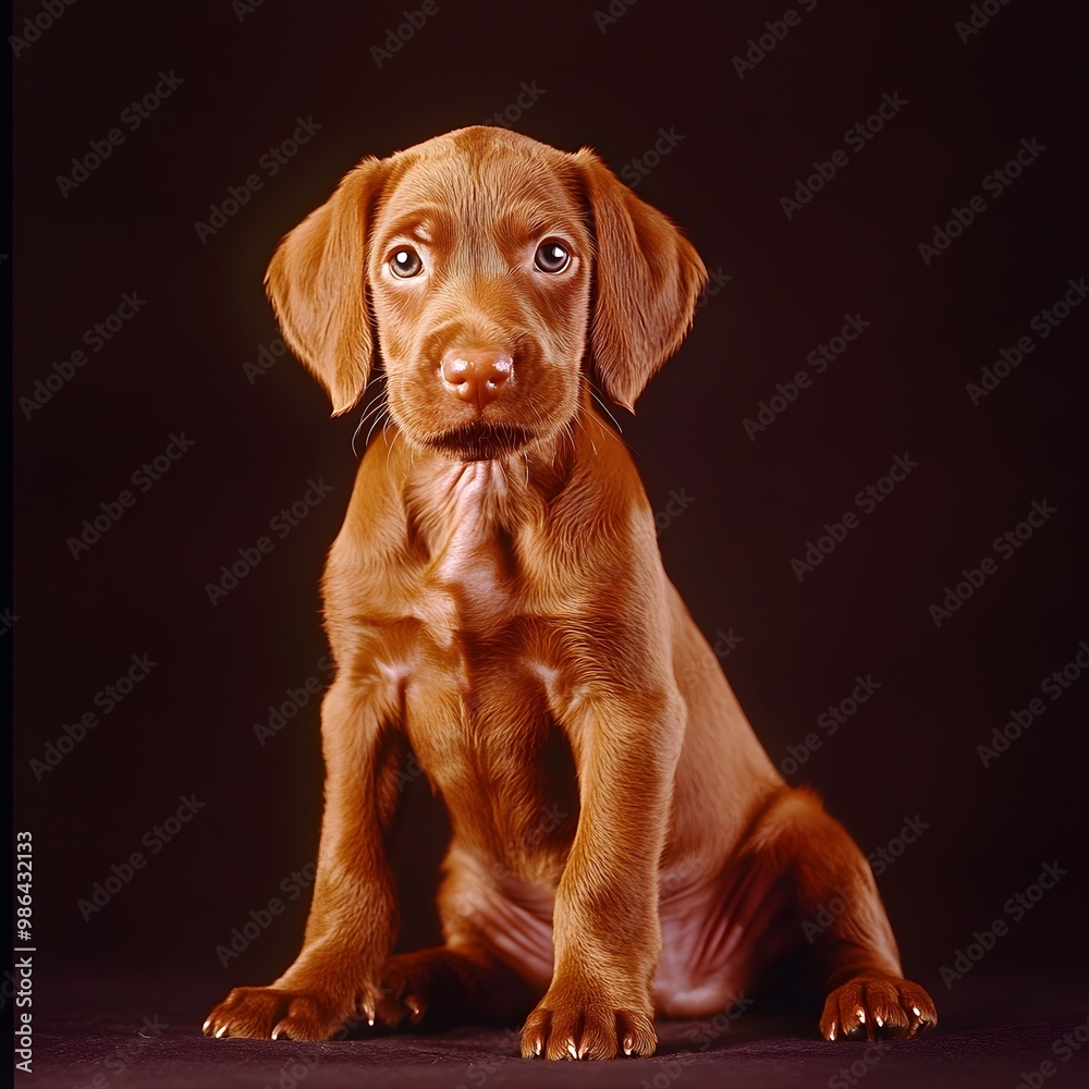 A playful Wirehaired Vizsla puppy with a shiny coat and bright eyes, sitting in a relaxed pose on a A playful Wirehaired Vizsla puppy with a shiny coat and bright eyes, sitting in a relaxed pose on a