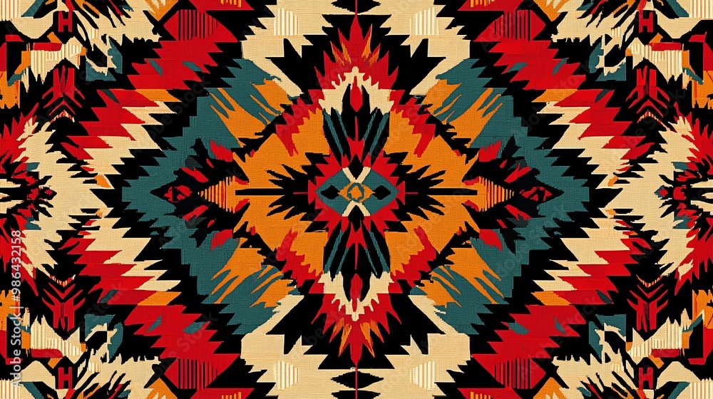 Vibrant geometric textile pattern featuring bold colors and dynamic shapes, ideal for design projects and home decor. Vibrant geometric textile pattern featuring bold colors and dynamic shapes, ideal for design projects and home decor.