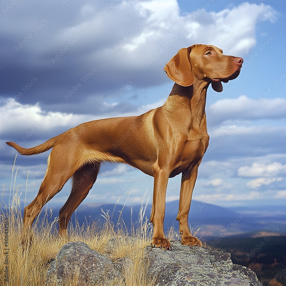 A Wirehaired Vizsla standing majestically on a hilltop, with its coat blowing gently in the breeze against a A Wirehaired Vizsla standing majestically on a hilltop, with its coat blowing gently in the breeze against a