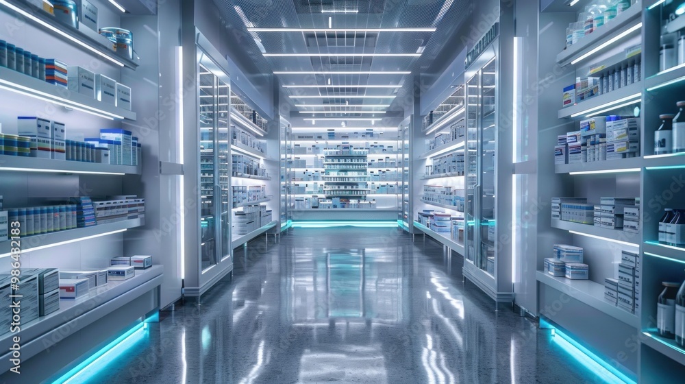 Modern hospital pharmacy with automated dispensing machines and electronic shelving. Modern hospital pharmacy with automated dispensing machines and electronic shelving.