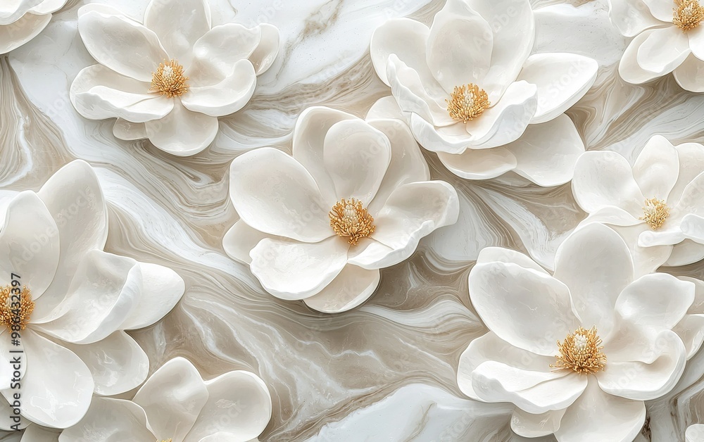 Fresh white magnolia flowers arranged on a marble surface, showcasing delicate petals and bright yellow centers in natural light Fresh white magnolia flowers arranged on a marble surface, showcasing delicate petals and bright yellow centers in natural light