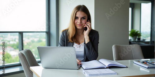 A confident businesswoman is discussing a new strategy over the phone in a bright and productive office.  photo