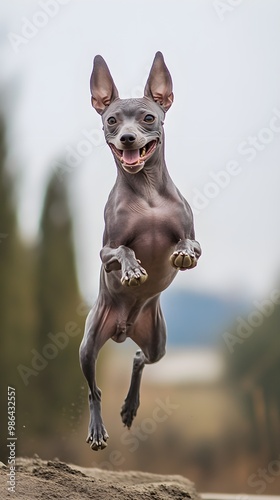 A playful Xoloitzcuintli dog frolicking on a , highlighting its athletic build and joyous demeanor photo