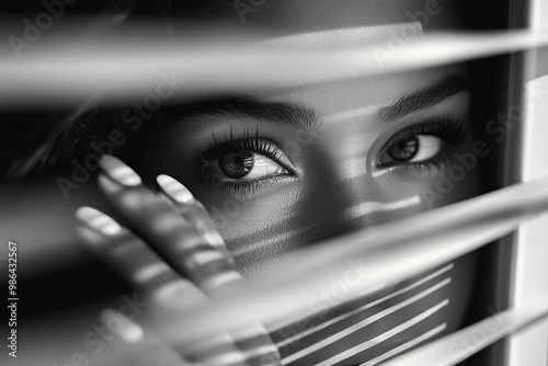 Black-and-white photograph of a woman with nail polish, peeking through blinds and capturing her curious expression