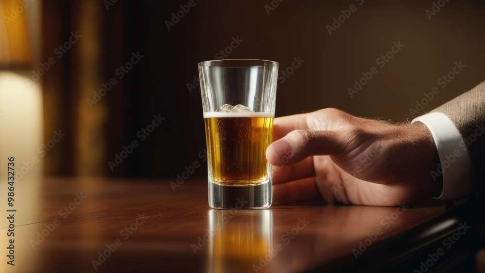 Male hand in business suit takes glass with alcohol brandy Male hand in business suit takes glass with alcohol brandy