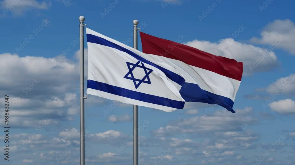 Netherlands and Israel flags flying together, video concept of the relationship, two country relations concept Netherlands and Israel flags flying together, video concept of the relationship, two country relations concept
