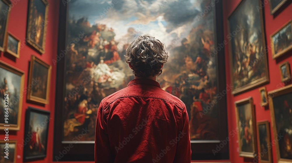 back of an adult museum-goer appreciating renaissance paintings in a traditional art gallery, surrounded by old museum interiors, enjoying classic artwork in a quiet and elegant space back of an adult museum-goer appreciating renaissance paintings in a traditional art gallery, surrounded by old museum interiors, enjoying classic artwork in a quiet and elegant space