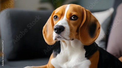 A beagleman dog sitting gracefully on a , showcasing its sleek coat and expressive eyes