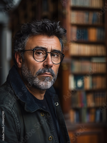 Smiling senior writer with glasses in cozy library