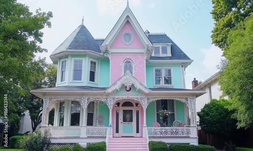 Ornate Victorian house with pink and teal accents. photo