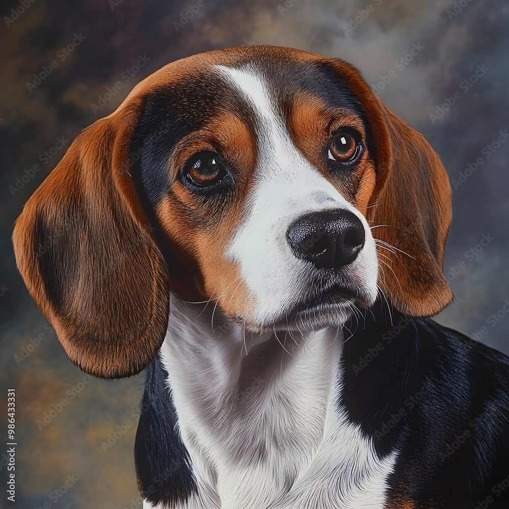 A realistic Border Beagle dog gazing curiously at the camera, with its distinct coat patterns prominently displayed against a A realistic Border Beagle dog gazing curiously at the camera, with its distinct coat patterns prominently displayed against a