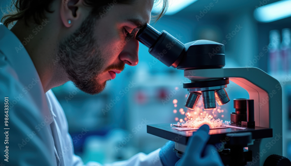 Fototapeta premium Cell Therapy Research: Scientist examines microscopic details of gene editing under microscope in the laboratory.