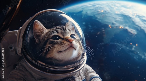 A cheerful cat dressed in an astronaut suit floats in outer space, looking down at Earth. Stars twinkle in the black void, creating a magical atmosphere photo