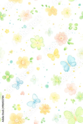 Soft Pastel Colored Pattern with Watercolor Butterflies and Flowers for Spring or Summer Design Generative AI