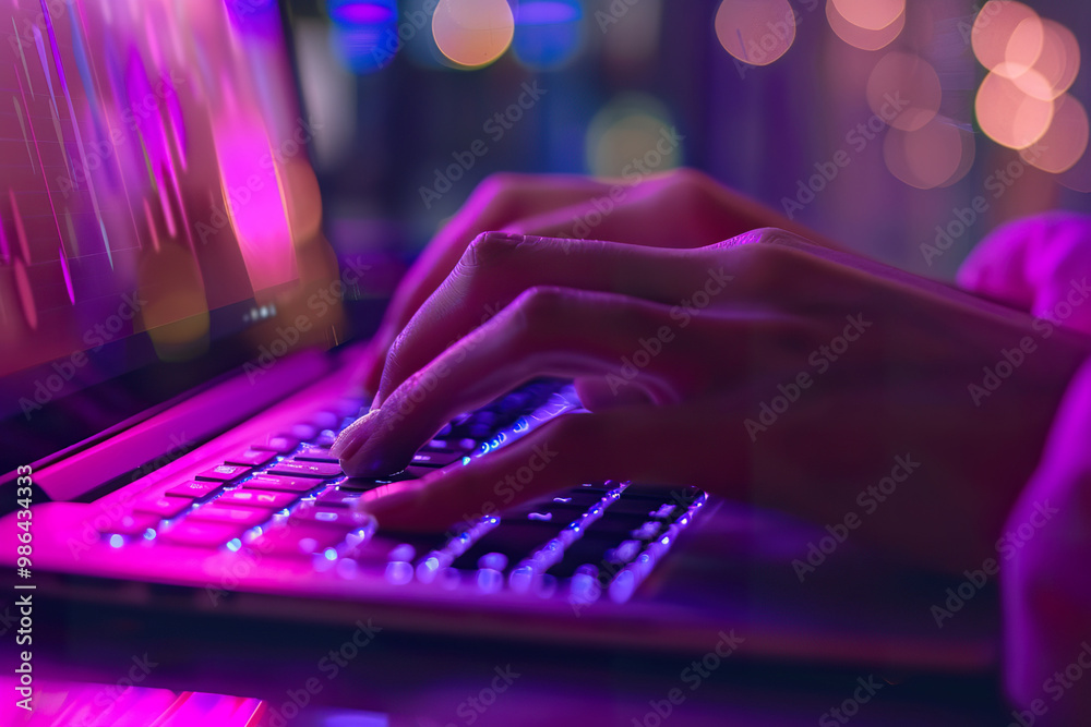 A person is typing on a keyboard with purple and blue lighting, generative ai image., A person is typing on a keyboard with purple and blue lighting, generative ai image.,