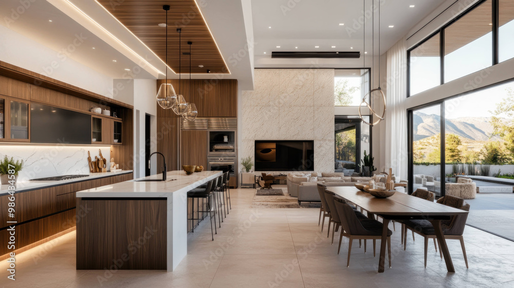 Modern kitchen and dining area featuring sleek design, wooden accents, and large windows that provide natural light and stunning views of outdoors. space exudes elegance and comfort Modern kitchen and dining area featuring sleek design, wooden accents, and large windows that provide natural light and stunning views of outdoors. space exudes elegance and comfort