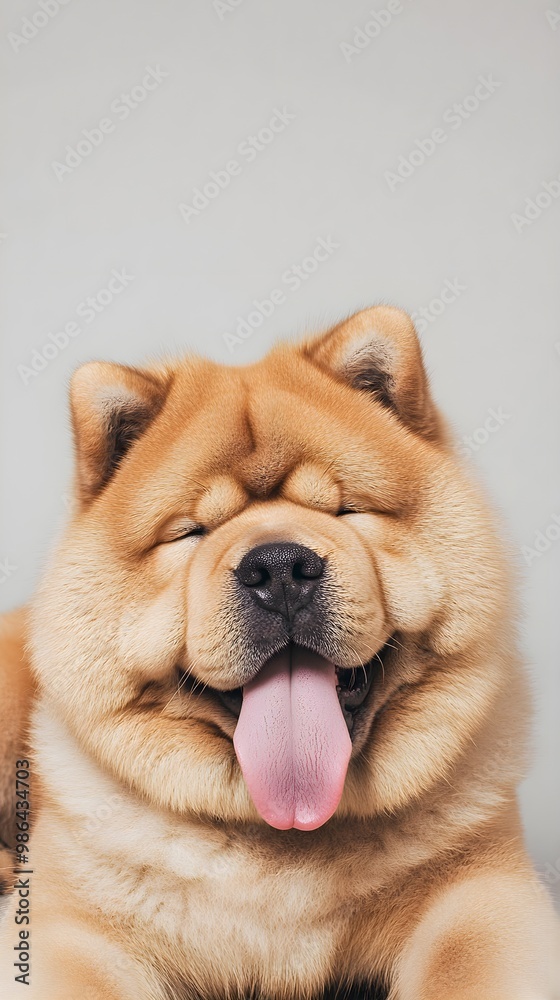 A playful Chow Pei dog lying down with its tongue out, surrounded by a light solid color backdrop that highlights its fur texture A playful Chow Pei dog lying down with its tongue out, surrounded by a light solid color backdrop that highlights its fur texture