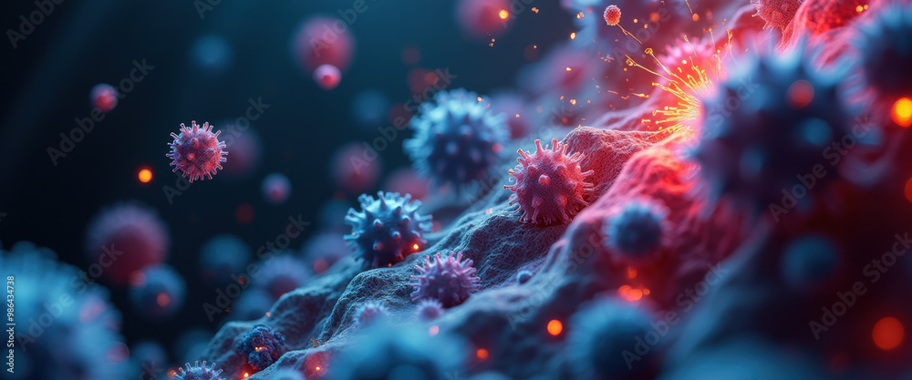 Cell Therapy, Biotech and Genetic Engineering Technology Concept: Microscopic view of Cells, Chromosomes, DNA and virus  fighting with innovative treatment.
