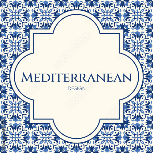 Ornate Mediterranean frame with navy blue and white floral tile motifs. Perfect for invitations, packaging, and wedding decorations projects. Portuguese and Moroccan ceramics, elegant and timeless.
