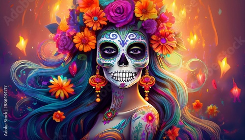 beautiful woman with painted skull on her face for Mexico's Day of the Dead