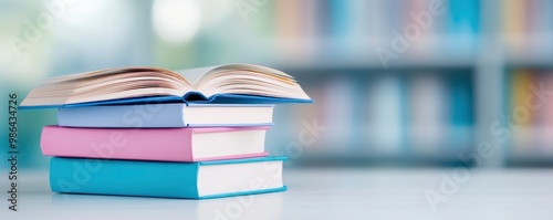 A library stack of books with a hazy background of bookshelves for educational purposes.