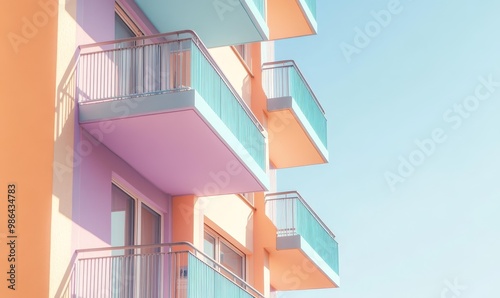 Pastel building with balconies and blue sky.