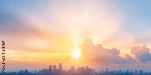 bright glowing sun on sky with sunbeam at city