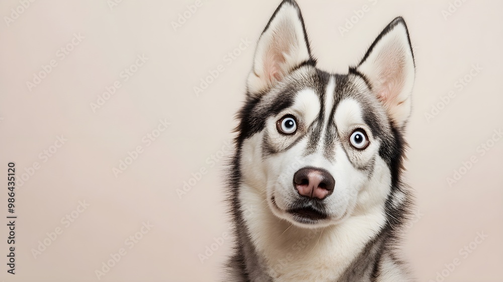 A playful Chusky dog with a curious expression, perfectly framed against a light solid color backdrop A playful Chusky dog with a curious expression, perfectly framed against a light solid color backdrop