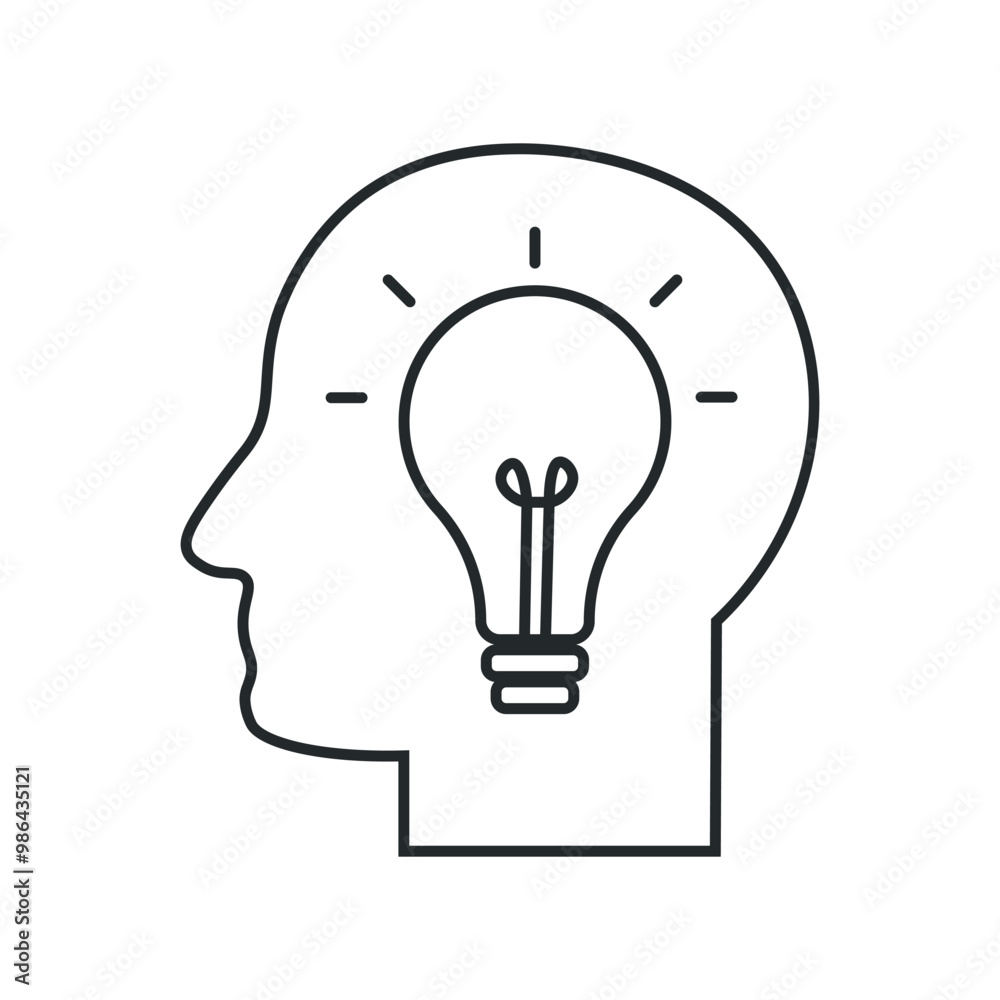 Human head with lightbulb. New idea icon in outline. Human head with lightbulb. New idea icon in outline.