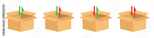 Set of open boxes with arrows instructions in color. Cardboard box.