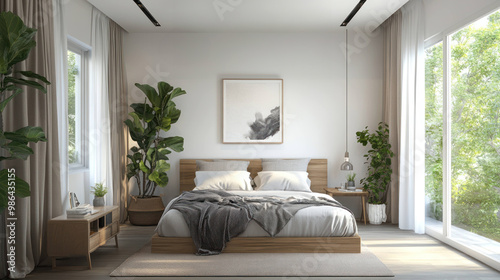 modern bedroom featuring wooden bed frame, soft bedding, and large windows that allow natural light to fill space. room is adorned with indoor plants, creating serene atmosphere