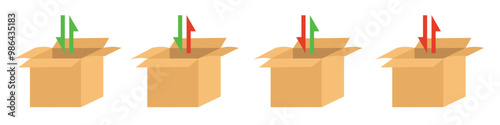 Set of open boxes with arrows instructions in color. Cardboard box.