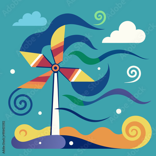 Colorful windmill against stylized windy sky illustration