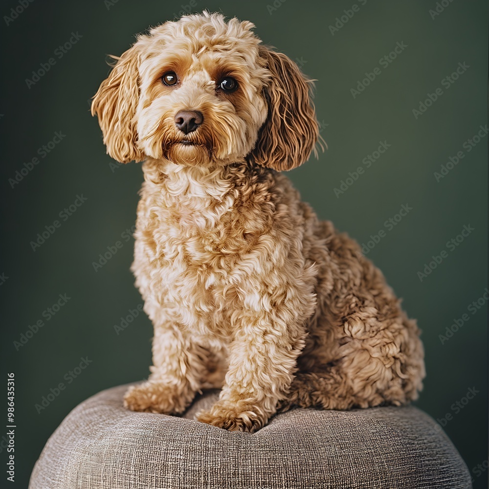 A fluffy Cockapoo sitting gracefully on a soft cushion, showcasing its curly fur and warm expression, with A fluffy Cockapoo sitting gracefully on a soft cushion, showcasing its curly fur and warm expression, with