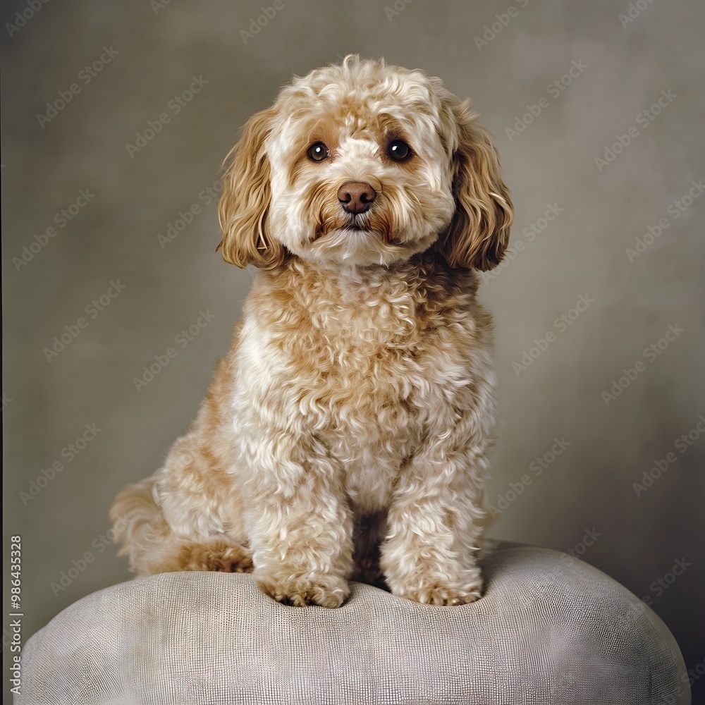 A fluffy Cockapoo sitting gracefully on a soft cushion, showcasing its curly fur and warm expression, with