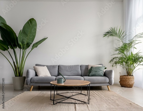 Minimalistisches Wohnzimmer mit eleganter Couch und Zimmerpflanzen photo