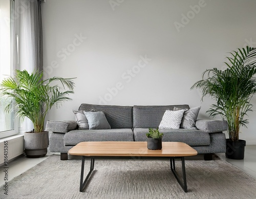 Minimalistisches Wohnzimmer mit eleganter Couch und Zimmerpflanzen photo