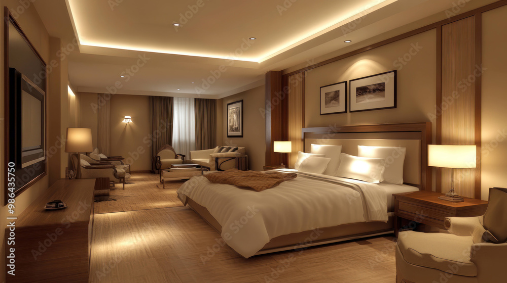 Luxurious hotel room featuring king size bed, elegant wooden furniture, and soft lighting. warm tones create cozy atmosphere, perfect for relaxation and comfort Luxurious hotel room featuring king size bed, elegant wooden furniture, and soft lighting. warm tones create cozy atmosphere, perfect for relaxation and comfort