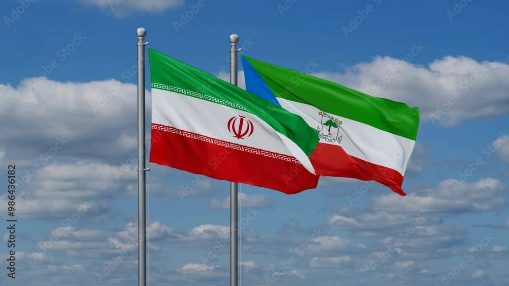 Equatorial Guinea and Iran flags flying together, video concept of the relationship, two country relations concept Equatorial Guinea and Iran flags flying together, video concept of the relationship, two country relations concept