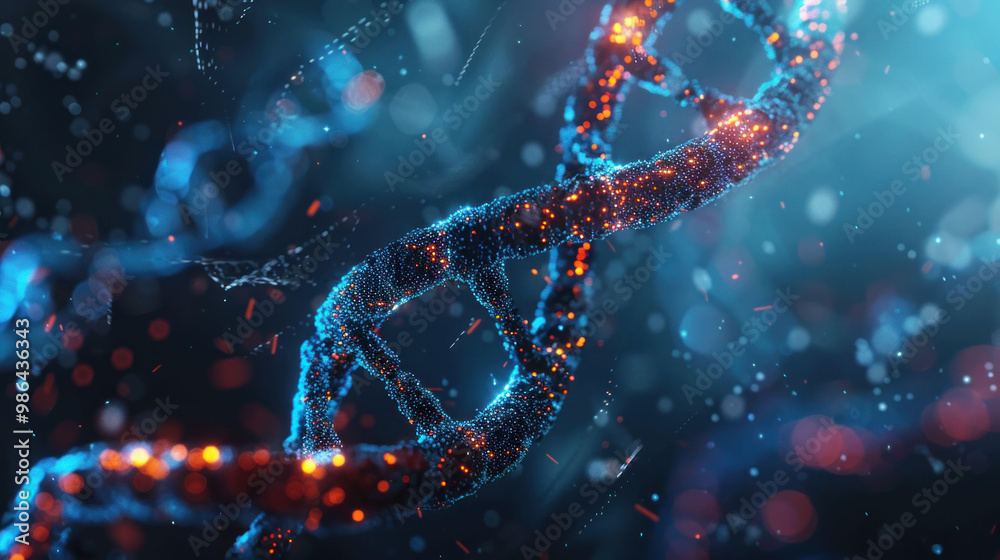 image showcases vibrant and intricate representation of DNA, highlighting its double helix structure with glowing particles and dynamic background. This visual captures essence of genetic science image showcases vibrant and intricate representation of DNA, highlighting its double helix structure with glowing particles and dynamic background. This visual captures essence of genetic science