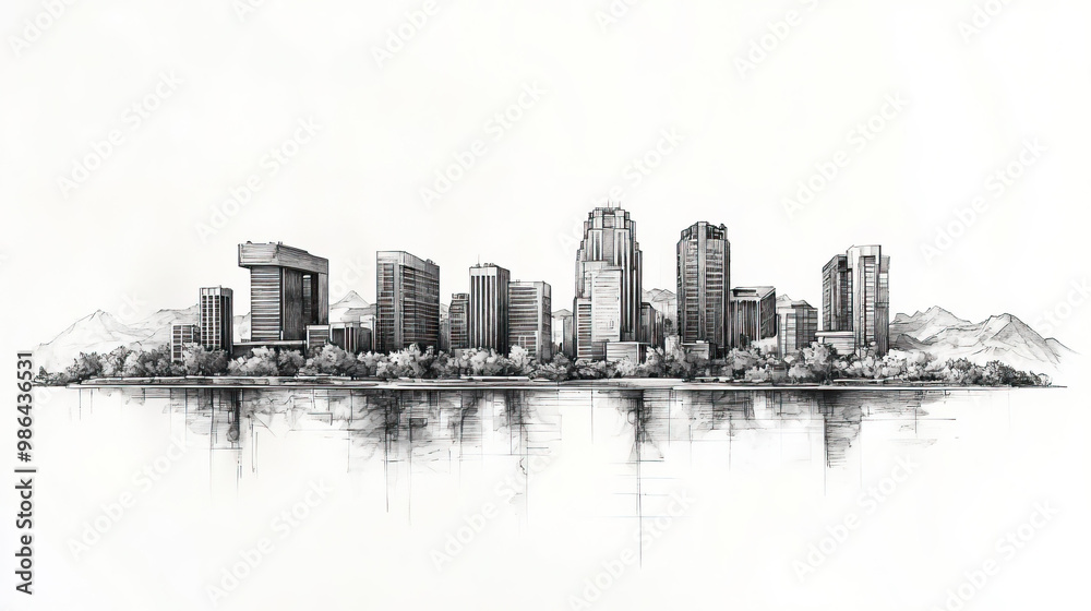 Obraz premium Tempe, Arizona, black and white pen pencil hand-drawn effect drawing illustration for travel poster, card, wallpaper, backdrop or banner. Modern, clear, artistic and simple