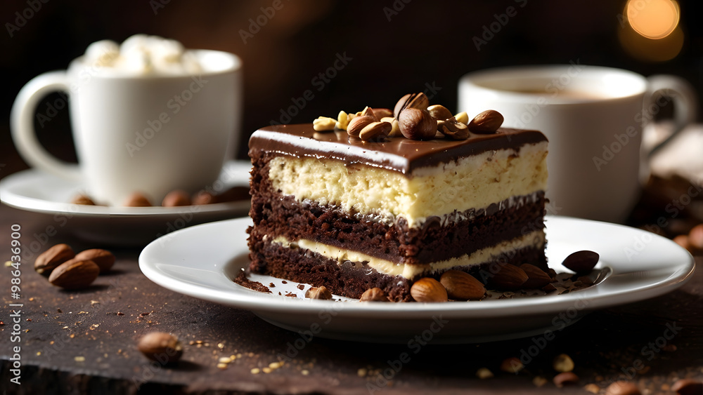 Delicious Slice of Chocolate and Vanilla Cake with Nuts and Cappuccino in a Cozy Café Setting – Perfect for Coffee Breaks Delicious Slice of Chocolate and Vanilla Cake with Nuts and Cappuccino in a Cozy Café Setting – Perfect for Coffee Breaks
